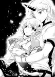  arm_warmers atoki comic greyscale horn hoshiguma_yuugi japanese_clothes long_hair mizuhashi_parsee monochrome multiple_girls oni page_number pointy_ears scarf shirt short_hair short_sleeves skirt t-shirt touhou 