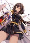  anchor azur_lane bangs belt black_hair blush breasts brown_hair closed_mouth coat commentary_request double-breasted epaulettes floating_hair gloves hair_between_eyes highres holding horns long_hair long_sleeves looking_at_viewer medium_breasts mikasa_(azur_lane) military military_uniform off_shoulder saber_(weapon) sidelocks simple_background skirt smile solo sword thighs tied_hair uniform weapon white_background white_gloves wind wind_lift yellow_eyes yuko_(uc_yuk) 
