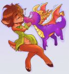  &lt;3 apprehensive bottomless clothed clothing cute dragon elora eyes_closed female flying hair hand_on_face hooves horn invalid_background invalid_color kissing male partially_clothed red_hair satyr scalie spyro spyro_the_dragon video_games western_dragon wings 