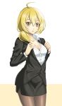  2018 absurdres ahoge bangs beige_background black_legwear black_suit blonde_hair blush breasts buttons cleavage clip_studio_paint collared_shirt dated dress_shirt eudetenis final_fantasy final_fantasy_tactics formal genderswap genderswap_(mtf) hair_over_shoulder highres holding holding_clothes holding_jacket jacket long_hair long_sleeves looking_at_viewer miniskirt open_collar pantyhose parted_lips pencil_skirt ponytail ramza_beoulve shirt signature simple_background skirt skirt_suit solo standing suit white_background white_shirt yellow_eyes 
