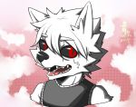  2014 abstract_background anthro black_nose black_sclera canine cheek_tuft clothed clothing eyebrows_visible_through_hair fur hair looking_at_viewer male mammal open_mouth red_eyes saku1saya shirt simple_background sleeveless solo teeth tongue tuft watermark white_fur white_hair wolf 
