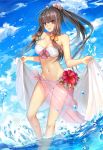  ass_visible_through_thighs bare_shoulders bell blush breasts brown_eyes brown_hair character_request cleavage collarbone eyebrows_visible_through_hair flower hair_bell hair_flower hair_ornament highres large_breasts long_hair looking_at_viewer luoxuan_jingjie_xian mole mole_under_eye navel official_art parted_lips ponytail solo standing swimsuit weiyinji_xsk 