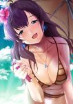  :d bikini blue_eyes breasts brown_bikini brown_hair cleavage cloud collarbone day eyebrows_visible_through_hair flower from_below hair_between_eyes hair_flower hair_ornament head_tilt hibiscus holding ichinose_shiki idolmaster idolmaster_cinderella_girls jewelry large_breasts long_hair nail_polish necklace open_mouth outdoors parasol pink_nails red_flower side-tie_bikini smile solo sousakubito striped striped_bikini swimsuit test_tube umbrella 