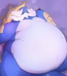  ambiguous_gender belly big_belly blue_fur claws digital_media_(artwork) fangs feral fklow fur horn lying multicolored_fur nintendo nude obese on_back open_mouth overweight pok&eacute;mon pok&eacute;mon_(species) red_eyes red_nose samurott simple_background solo video_games white_fur 