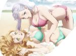  10s 2girls all_fours ass beach bikini black_clover blush breasts brown_hair cleavage cousins curly_hair female girl_on_top green_bikini highres large_breasts lavender_hair legs long_hair looking_at_viewer lying mimosa_vermilion multiple_girls noelle_silva ocean open_mouth orange_hair parted_lips pink_bikini purple_eyes screencap side-tie_bikini silver_hair sky stitched swimsuit tagme third-party_edit twintails wet yellow_eyes yuri 