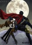  1girl ainz_ooal_gown armor armored_boots bangs black_eyes black_footwear black_hair black_pants blunt_bangs boots breastplate brown_cloak brown_pants copyright_name crossed_legs floating_hair full_armor full_moon gauntlets hair_ribbon helmet high_ponytail highres holding holding_sword holding_weapon knee_boots long_hair moon narberal_gamma overlord_(maruyama) pants red_cloak rellik_redrum ribbon riding shiny shiny_hair shirt sidelocks sitting sword weapon white_shirt yellow_ribbon 