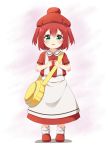  absurdres agung_syaeful_anwar apron bag bangs beret blush boots collared_shirt commentary cosplay erythroblast_(hataraku_saibou) erythroblast_(hataraku_saibou)_(cosplay) eyebrows_visible_through_hair full_body green_eyes hair_between_eyes hat hataraku_saibou highres kurosawa_ruby looking_at_viewer love_live! love_live!_sunshine!! parted_lips red_footwear red_hair red_hat red_shirt red_skirt shirt short_sleeves shoulder_bag skirt solo standing two_side_up waist_apron white_apron 