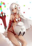  altera_(fate) altera_the_santa animal bare_shoulders blush breasts choker collarbone dark_skin detached_sleeves earmuffs fate/grand_order fate_(series) feet_out_of_frame full_body_tattoo gloves headdress highres holding holding_animal midriff namii parted_lips photon_ray red_eyes revealing_clothes sheep short_hair simple_background small_breasts solo tan tattoo thighs white_hair 