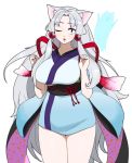  animal_ear_fluff animal_ears breasts eyebrows_visible_through_hair fox_ears hair_intakes highres japanese_clothes kimono large_breasts lewis long_hair looking_at_viewer obi one_eye_closed open_mouth purple_eyes sash silver_hair simple_background solo thick_eyebrows thighs touhoku_itako very_long_hair voiceroid white_background yukata 