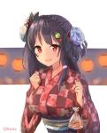  :d artist_name bag black_hair blue_flower blush braid checkered checkered_kimono dango_hair_ornament fish floral_print flower food_themed_hair_ornament fox_mask french_braid hair_flower hair_ornament haruka_(pixiv11780426) highres holding holding_bag japanese_clothes kantai_collection kimono long_hair looking_at_viewer mask mask_on_head obi open_mouth plastic_bag print_kimono red_eyes red_kimono sash smile solo taigei_(kantai_collection) upper_body yukata 