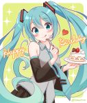  :q aqua_eyes aqua_hair blush cake detached_sleeves eyebrows_visible_through_hair food food_on_face green_background hair_between_eyes happy hatsune_miku long_hair necktie snowmi solo tongue tongue_out twintails very_long_hair vocaloid 