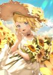  :d bangs blonde_hair blue_eyes blue_sky bouquet choker cloud collar collarbone day dress field floating_hair flower flower_field hair_ornament hat highres holding holding_bouquet kagamine_rin looking_at_viewer open_mouth outdoors parted_bangs sawashi_(ur-sawasi) shiny shiny_hair short_hair sky sleeveless sleeveless_dress smile solo sparkle standing straw_hat sun_hat sundress sunflower sunlight sweatdrop vocaloid water_drop white_dress yellow_flower yellow_hat 