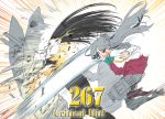  &gt;o&lt; black_hair blew_andwhite clenched_hand closed_eyes combo_counter commentary_request emphasis_lines english flat_color grey_hair hatching_(texture) kantai_collection kiyoshimo_(kantai_collection) long_hair long_sleeves motion_blur open_mouth rigging round_teeth ru-class_battleship shinkaisei-kan simple_background sketch smile teeth very_long_hair white_background 