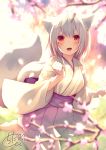  :d animal_ears backlighting bangs barefoot blurry blurry_background blurry_foreground blush chita_(ketchup) clenched_hand commentary_request day depth_of_field eyebrows_visible_through_hair fox_ears fox_girl fox_tail hair_between_eyes hakama hakama_skirt hand_up highres japanese_clothes kimono long_hair long_sleeves looking_at_viewer open_mouth original outdoors purple_hakama red_eyes short_kimono signature smile solo standing standing_on_one_leg sunlight tail tail_raised thick_eyebrows tree_branch white_hair white_kimono wide_sleeves 