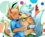  &lt;3 2014 abstract_background anthro anthro_on_anthro armband black_nose blue_fur blush brown_fur canine cheek_tuft chest_tuft clothed clothing dipstick_ears dipstick_tail dog duo embrace eyes_closed fluffy fluffy_tail fully_clothed fur fur_markings hand_holding happy head_tuft heart_pattern male male/male mammal markings multicolored_fur multicolored_tail open_mouth open_smile pants romantic_couple saku1saya seiya_(saku1saya) shirt smile spots tan_fur tuft two_tone_fur watermark whiskers white_fur 