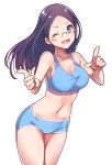  ;d black_hair breasts cleavage collarbone commentary_request cowboy_shot glasses konnyaku_(kk-monmon) legs_together long_hair navel one_eye_closed open_mouth purple_eyes saitou_kaede_(yama_no_susume) simple_background smile solo sports_bikini sports_bra white_background yama_no_susume 
