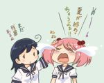  ahoge black_hair blue_background blush_stickers chibi closed_eyes comic commentary_request crying hair_between_eyes hair_bobbles hair_ornament hand_on_another's_head kantai_collection long_hair multiple_girls open_mouth otoufu pink_hair sazanami_(kantai_collection) school_uniform serafuku short_sleeves tears translated twintails ushio_(kantai_collection) 