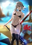  absurdres artoria_pendragon_(all) artoria_pendragon_(swimsuit_rider_alter) beach bikini black_bow bow breasts choker collarbone day fate/grand_order fate_(series) gun highres hq19910119 lips looking_to_the_side maid_headdress navel rifle scope silver_hair sniper_rifle solo standing swimsuit sword thigh_gap thighhighs underboob weapon wind yellow_eyes 