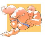  2018 anthro arufina_w belly blush bulge butt canine clothing dog eyes_closed humanoid_hands jockstrap male mammal moobs nipples overweight overweight_male solo underwear 