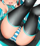  1girl :d armpits bare_shoulders black_legwear dr_rex female hatsune_miku long_hair open_mouth panties shiny shiny_clothes smile solo striped striped_panties thighhighs twintails underwear upper_teeth 