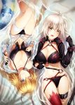  2girls ;) ahoge artist_name bambi_nano bikini black_bikini black_gloves black_jacket blonde_hair blue_eyes blush braid breasts cleavage collarbone dated eyebrows_visible_through_hair fate/grand_order fate_(series) from_above gloves hair_between_eyes jacket jeanne_d'arc_(alter_swimsuit_berserker) jeanne_d'arc_(fate)_(all) jeanne_d'arc_(swimsuit_archer) large_breasts long_hair looking_at_viewer lying multiple_girls navel on_back one_eye_closed open_clothes open_jacket open_mouth print_bikini red_legwear shrug_(clothing) silver_hair single_braid smile swimsuit thigh_strap thighhighs unzipped very_long_hair wet_jacket white_jacket yellow_eyes 
