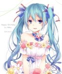  :d bangs bare_shoulders blue_bow blush bow breasts character_name collarbone commentary dated dress eyebrows_visible_through_hair flower green_eyes green_hair hair_between_eyes hair_bow hair_ribbon happy_birthday hatsune_miku kuroi_(liar-player) long_hair looking_at_viewer multicolored multicolored_eyes open_mouth pink_flower pink_rose purple_eyes red_flower red_ribbon red_rose ribbon rose sidelocks simple_background small_breasts smile solo strapless strapless_dress twintails twitter_username very_long_hair vocaloid white_background white_dress white_flower yellow_flower 