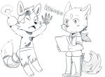  2014 animatronic anthro biped black_and_white blush canine cheek_tuft clothed clothing dog duo eye_patch eyes_closed eyewear five_nights_at_freddy&#039;s footwear fox foxy_(fnaf) fully_clothed fur head_tuft holding_object hoodie hook machine male mammal monochrome open_mouth pants raised_arm robot saku1saya seiya_(saku1saya) shoes shorts smile standing teeth text tongue topless torn_clothing tuft video_games 