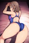  alp ass bare_shoulders bed_sheet blue_eyes blue_swimsuit breasts brown_hair closed_mouth commentary_request competition_swimsuit from_behind highres looking_at_viewer looking_back love_live! love_live!_sunshine!! lying medium_breasts on_bed on_stomach one-piece_swimsuit shiny shiny_hair shiny_skin short_hair skin_tight solo steaming_body sweat swimsuit watanabe_you 