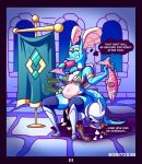  anthro armor belly blush bonitod3n breasts castle clothing comic dialogue digital_media_(artwork) dragon english_text female human knight male mammal melee_weapon stomach_noises stuffing sword text weapon 