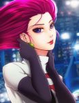  artist_name blue_background blue_eyes blurry blurry_background breasts earrings elbow_gloves esther gloves hair_slicked_back hands_up jewelry long_hair musashi_(pokemon) outdoors parted_lips pokemon pokemon_(anime) pokemon_(classic_anime) red_hair solo team_rocket team_rocket_uniform upper_body 