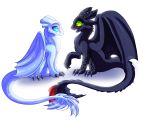  2018 blue_eyes claws digital_media_(artwork) dragon duo female feral green_eyes how_to_train_your_dragon light_fury male membranous_wings night_fury no_sclera plaguedogs123 simple_background sitting smile teeth toothless white_background wings 