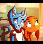  2018 anthro black_bars blue_eyes blue_fur blue_hair cartoon_network cat darwin_watterson detailed_background digital_media_(artwork) duo feline fish fur green_eyes gumball_watterson hair male mammal marine plaguedogs123 smile the_amazing_world_of_gumball 