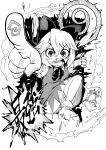  1girl angry bangs blackcat_(pixiv) bloomers bow bowtie cirno dress fog frog frozen_frog greyscale hair_between_eyes hair_bow highres ice ice_wings monochrome open_mouth pinafore_dress pointing shirt short_hair short_sleeves snot snot_trail socks touhou traditional_media underwear wings 