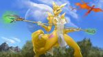  2018 clothing crossover digimon dinosaur female fusion jonas-pride krystal loincloth nintendo painted_background renamon solo staff star_fox starfox_adventures video_games 