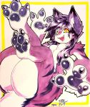  2017 4_fingers anthro bent_knees big_butt big_thighs breasts butt butt_focus cheek_tuft claws cute female fluffy fur hair hi_res huge_butt hyper hyper_butt inner_ear_fluff kemono looking_at_viewer lying mammal nude on_back outline purple_fur purple_hair seel_nose shoulder_tuft simple_background smile solo tongue tsukiyo tuft unknown_species white_fur yellow_eyes 