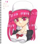  1girl bleach blush breasts dokugamine_riruka hanya_(hanya_yashiki) hat long_hair looking_at_viewer photo pink_eyes pink_hair shiny shiny_hair simple_background solo traditional_media twintails upper_body 