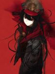  bad_id bad_twitter_id belt black_hair closed_mouth fate_(series) grey_jacket hair_between_eyes hands_in_pockets hat jacket kachi koha-ace long_hair looking_at_viewer messy_hair oda_nobunaga_(fate) peaked_cap red_background red_eyes red_jacket simple_background solo standing 