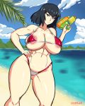  1girl areola_slip areolae bare_shoulders beach bikini black_hair blue_eyes blush breasts cameltoe cloud duo_kawa erect_nipples huge_breasts kill_la_kill kiryuuin_satsuki large_areolae looking_at_viewer micro_bikini midriff navel nipples ocean puffy_nipples short_hair sky smile solo spread_legs standing sweat swimsuit thick_thighs thighs water_gun 