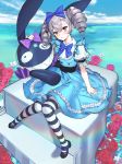  absurdres bangs black_footwear blue_bow blue_dress blue_sky blush bow bronya_zaychik commentary_request dante_m day dress drill_hair eyebrows_visible_through_hair full_body hair_between_eyes hair_bow hair_ornament highres homu_(honkai_impact) honkai_impact knees_together_feet_apart mary_janes medium_hair pantyhose puffy_short_sleeves puffy_sleeves shoes short_sleeves silver_eyes silver_hair sitting sky solo striped striped_legwear twin_drills 