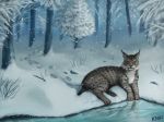  2015 ambiguous_gender feline feral forest fur grey_fur kiva~ looking_at_viewer lying lynx mammal nature pawprint peaceful river snow spots spotted_fur tree winter 