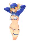  ahoge artoria_pendragon_(all) baseball_cap bikini blonde_hair blue_eyes blue_hat breasts commentary fate/grand_order fate_(series) hat highres kuso_otoko long_hair looking_at_viewer mysterious_heroine_xx_(foreigner) navel ponytail shrug_(clothing) skindentation smile solo swimsuit white_background white_bikini 