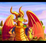  2018 black_bars clothed clothing day detailed_background digital_media_(artwork) dragon green_eyes horn membranous_wings nestor outside plaguedogs123 sky spines spyro_the_dragon video_games wings 