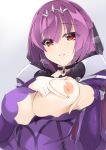  areolae bangs breasts dress eyebrows_visible_through_hair fate/grand_order fate_(series) fur_trim hair_between_eyes head_chain inverted_nipples large_breasts long_hair looking_at_viewer one_breast_out parted_lips purple_dress purple_hair red_eyes sasakura scathach_(fate)_(all) scathach_skadi_(fate/grand_order) solo spread_nipple tiara upper_body very_long_hair 