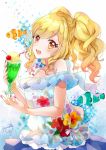  :d aikatsu!_(series) aikatsu_stars! animal bangs bare_shoulders bendy_straw blonde_hair blouse blush cherry clownfish collarbone commentary_request cup drink drinking_glass drinking_straw eyebrows_visible_through_hair fingernails fish floral_print food fruit hair_between_eyes head_tilt highres holding holding_cup ice_cream ice_cream_float long_hair looking_at_viewer looking_to_the_side nail_polish nijino_yume off-shoulder_blouse off_shoulder open_mouth print_blouse puracotte purple_nails purple_skirt red_eyes signature skirt smile solo twintails white_blouse 