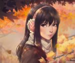  autumn autumn_leaves bangs black_hair blush brown_eyes brown_jacket closed_mouth commentary_request earmuffs face falling_leaves from_side hair_between_eyes highres jacket kimishima_kana kiseijuu leaf long_hair looking_at_viewer looking_to_the_side miura-n315 motion_blur outdoors portrait red_lips scarf shiny shiny_hair sidelocks smile solo straight_hair tree_branch white_scarf 