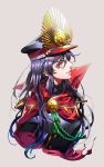  black_hair black_jacket blue_hair cape commentary_request fate_(series) from_side gradient_hair grey_background hat highres jacket koha-ace long_hair long_sleeves looking_at_viewer multicolored_hair oda_nobunaga_(fate) parted_lips peaked_cap red_cape red_eyes sideways_glance simple_background solo tenobe turtleneck upper_body 