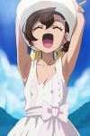  :d ^_^ armpits arms_up blue_sky breasts brown_hair cleavage closed_eyes cloud collarbone day dress gegege_no_kitarou hair_between_eyes hair_ornament hairclip haruyama_kazunori hat inuyama_mana open_mouth outdoors short_hair sky smile solo white_dress white_hat 