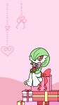  1girl bow bowtie box chibi creatures_(company) female full_body game_freak gardevoir gen_3_pokemon gift green_hair hair_over_one_eye heart heart_in_eye highres holding muguet nintendo no_humans no_mouth pink_background pink_bow pink_neckwear pokemon pokemon_(creature) red_bow red_eyes red_ribbon ribbon short_hair simple_background sitting solo symbol_in_eye two-tone_background yellow_bow yellow_ribbon 