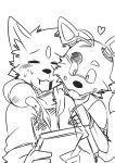  &lt;3 2014 animatronic anthro black_and_white black_nose blood blood_from_mouth blush canine clothed clothing cute_fangs death dog duo eye_patch eyes_closed eyewear fangs five_nights_at_freddy&#039;s fox foxy_(fnaf) fur grabbing_from_behind head_tuft holding_object hoodie hook inner_ear_fluff machine male mammal monochrome robot saku1saya seiya_(saku1saya) shirt simple_background smile stab sweat sweatdrop tablet teeth video_games violence white_background wounded 