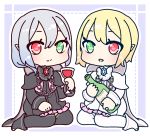  2girls alcohol black_capelet black_dress black_footwear black_legwear blonde_hair blush boots border bottle capelet chains chibi closed_mouth crystal cup dress drinking_glass female frilled_dress frills full_body green_eyes hand_up heart heart-shaped_pupils heart_in_eye heterochromia holding iris_blanche iris_noire light_blush looking_at_viewer muguet multiple_girls open_mouth outline red_eyes rune_factory rune_factory_frontier shiny shiny_hair siblings silver_hair sisters sitting smile symbol-shaped_pupils symbol_in_eye thighhighs white_capelet white_dress white_footwear white_legwear white_outline wine wine_bottle wine_glass 
